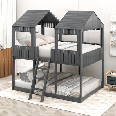 Merax Full over Full Wood Tower Bunk Bed with Roof