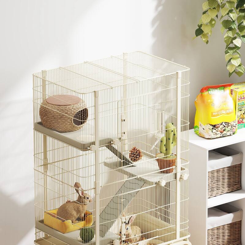 4-Tiers Beige Steel and PP Small Animal Chinchilla Cage with Platforms Ramps Food Dish and Water Bottle
