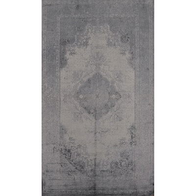 Machine Made Oriental Polyester Carpet Traditional Medallion Greys & Charcoal Tabriz Area Rug - 8' 0'' X 4' 9''