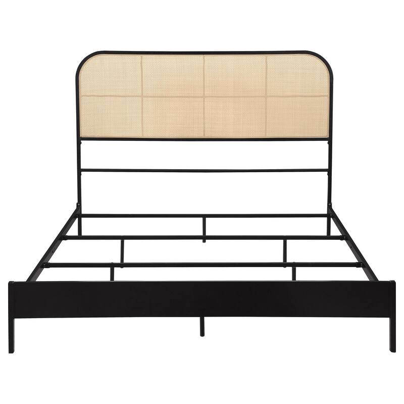 Ammy Queen Bed, Radio Weave Headboard, Brown Faux Rattan, Black Metal