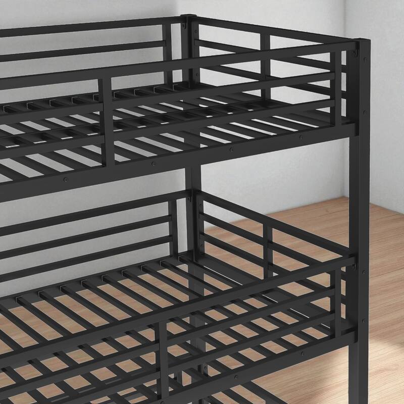 Metal Triple Bunk Bed with Slide, Twin XL/Full/Queen, Safety Guardrails, Quiet Slat Design, Heavy-Duty, Black
