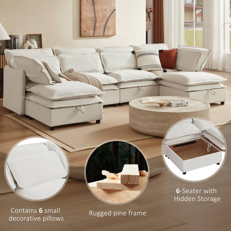U-Shaped Modular Storage Sectional Sofa, Double-Layer Cushion Couch Bed