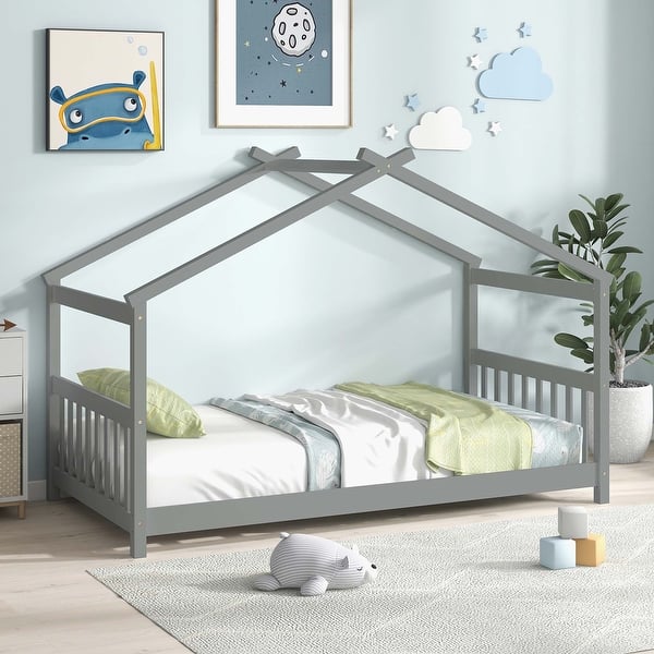 slide 2 of 9, Costway Twin Size House Bed with Roof Wooden Low Floor Bed No Box Grey - See Details