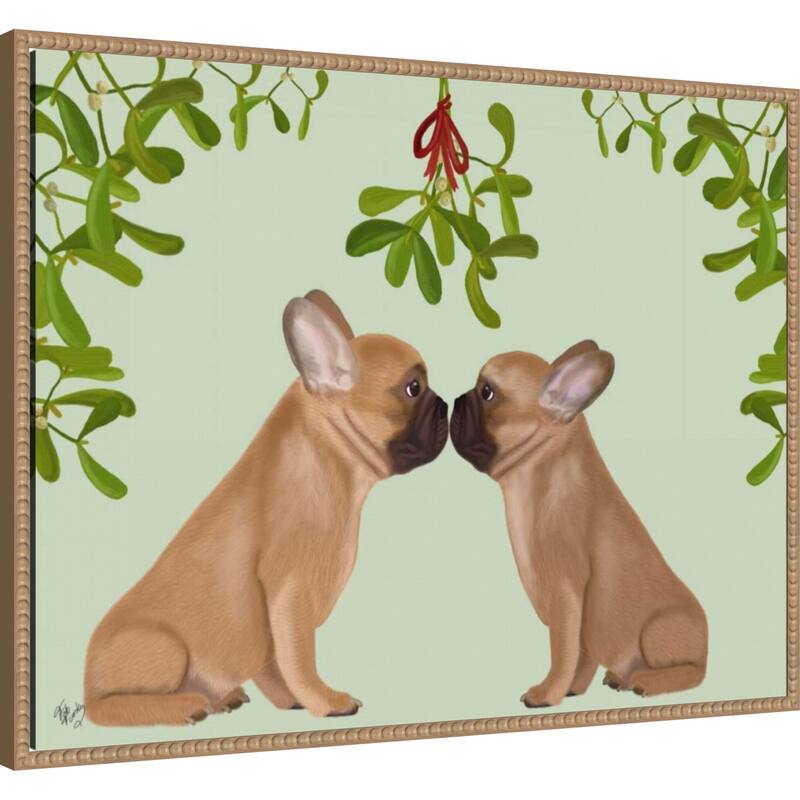 French Bulldogs and Mistletoe by Fab Funky (30 x 23 in.), Framed Canvas Wall Art Print - Sylvie Beaded Rustic Natural