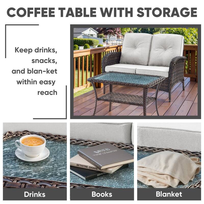 Pocassy Outdoor Loveseat Sofa with Table Funiture Set