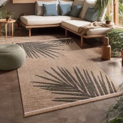 Indoor and Outdoor Rug in Natural Look with Modern Leaves Motif