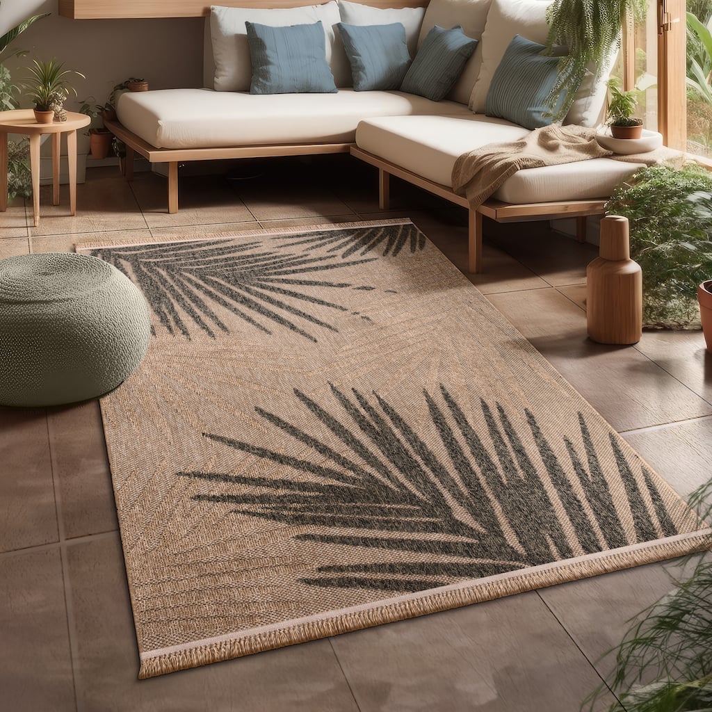 Indoor and Outdoor Rug in Natural Look with Modern Leaves Motif
