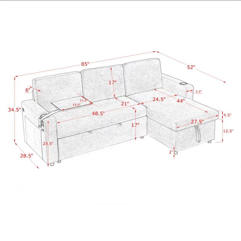 Roomfitters Modern Chenille Pull-Out Bed Sofa with Retractable Table, LED Lighting, USB Ports and Cup Holders