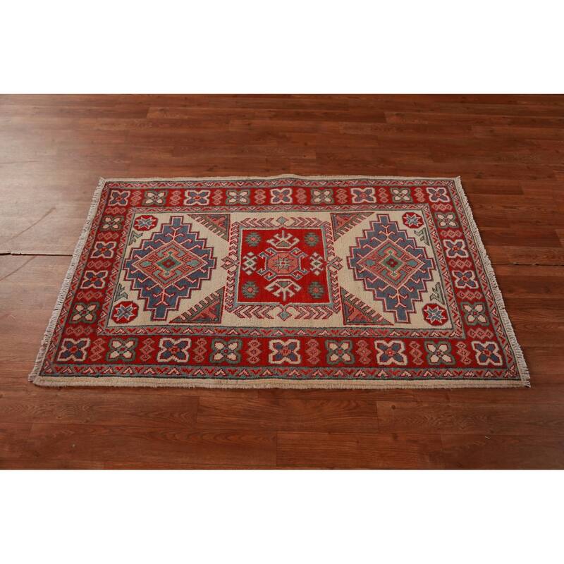 Geometric Beige Kazak Foyer Rug Hand-Knotted Wool Carpet - 2'8"x 4'2"
