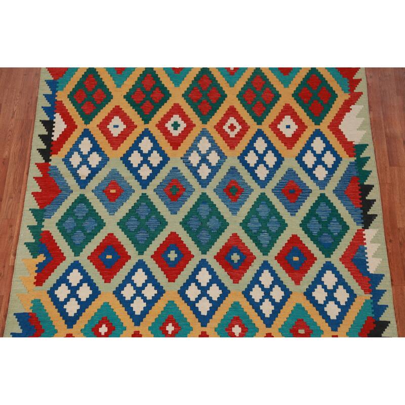 Hand Woven Oriental 100% Wool Carpet Southwestern Geometric Multi-Colored Kilim Area Rug - 8' 4'' X 5' 8''