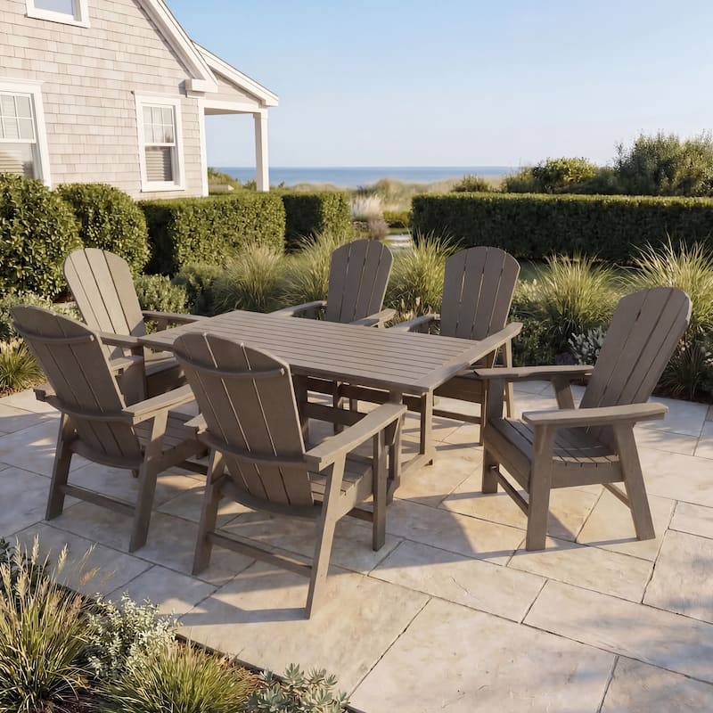Laguna Hdpe All Weather Outdoor Patio Rectangular Adirondack Dining Chairs With Table (7-Piece Set) - Weathered Wood