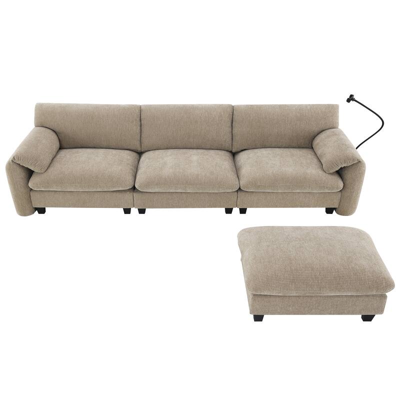 L-Shaped Modular Sectional Sofa with Ottoman, Chenille Upholstered Sofa with Charger Ports, Phone Holder & Storage Pockets
