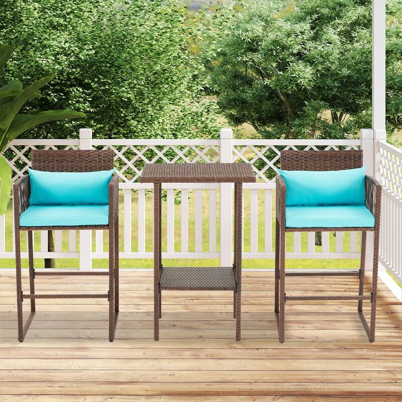 AVAWING 3PCS Patio Wicker Bar Set with Extra Cushion Cover