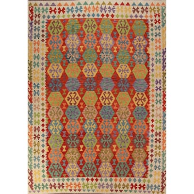 Colorful Kilim Oriental Area Rug Hand-Woven Wool Carpet - 8'7"x 11'1"