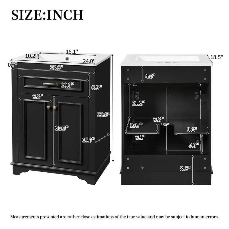 24" Bathroom Vanity with Integrated Ceramic Sink, Bathroom Cabinet with 2 Doors, 1 Tip-Out Drawer