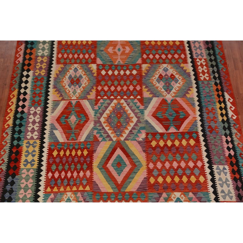 Geometric Kilim Oriental Rug Hand-Woven Multi-Color Wool Carpet - 8'5"x 11'2"
