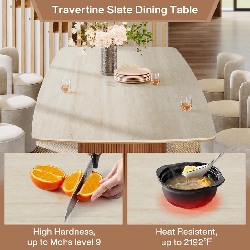 78.74-inch Long Dining Table with Travertine Slab Top for Kitchen Dining Room