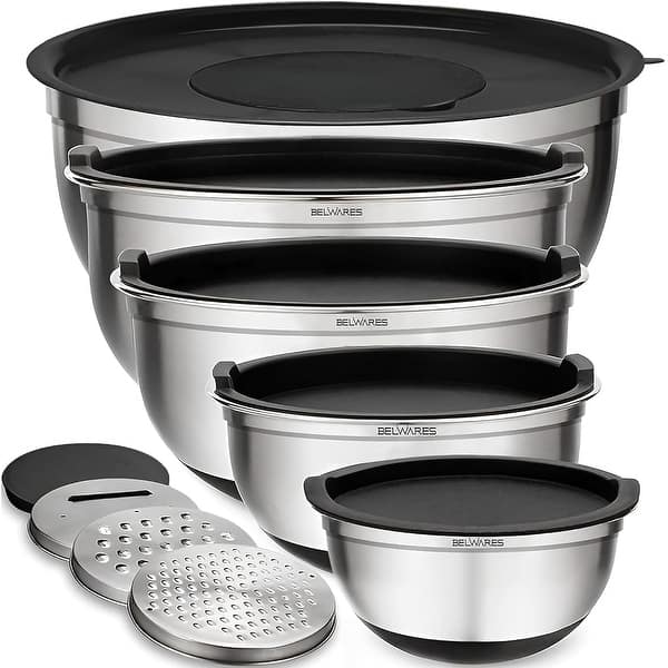 slide 2 of 10, Belwares 5-Piece Stainless Steel Mixing Bowls with Airtight Lids and Graters - Non-Slip Nesting Bowls Set Black