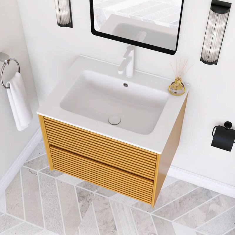 Wall-Mounted Bathroom Vanity with White Ceramic Sink