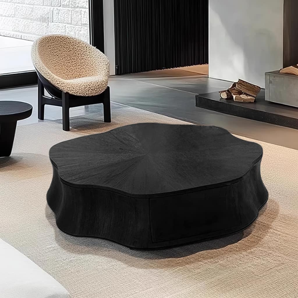 36-Inch Italian Irregular Petal Coffee Table with Storage Black - L 39.37'×W 39.37'×H 12.2'