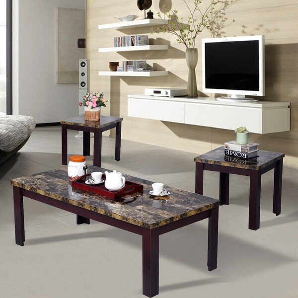 Costway 3 Piece Faux Marble Coffee Table Set Living Room Sofa Accent End Corner Cherry