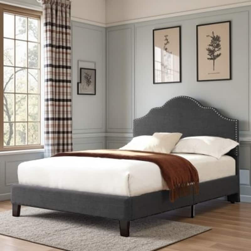 Transitional Gray Queen Size Upholstered Bed Frame in Charcoal with Elegant Design - Full Gray - Full