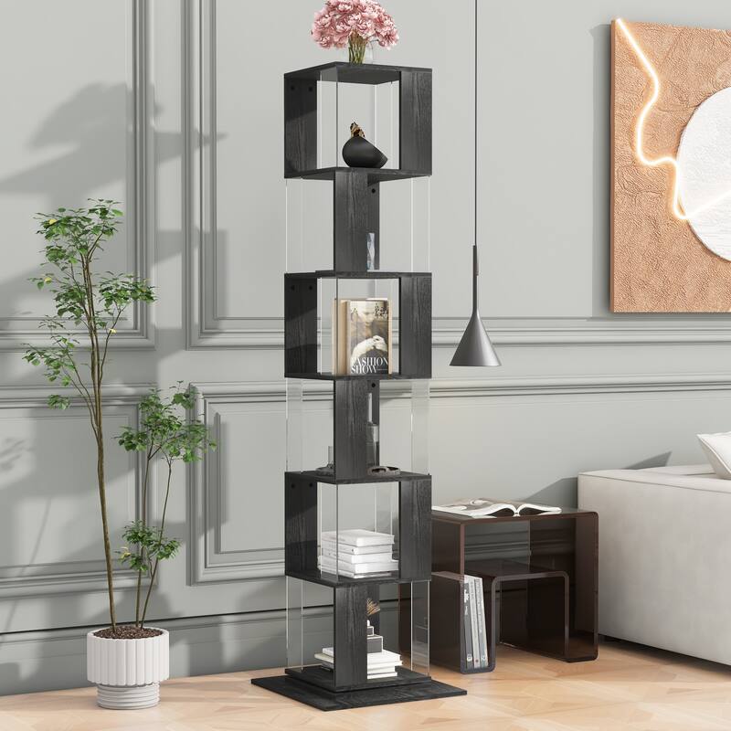 6 tier Rotating Bookshelf, Floor Rack Simple Bookcase with Acrylic plate Bookshelf with anti-toppling base