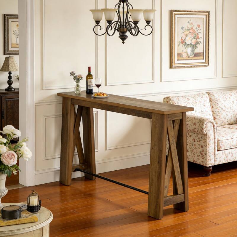 Console Table with Metal Footrest, 63" Counter Height Entryway Table, Narrow Kitchen Dining Table