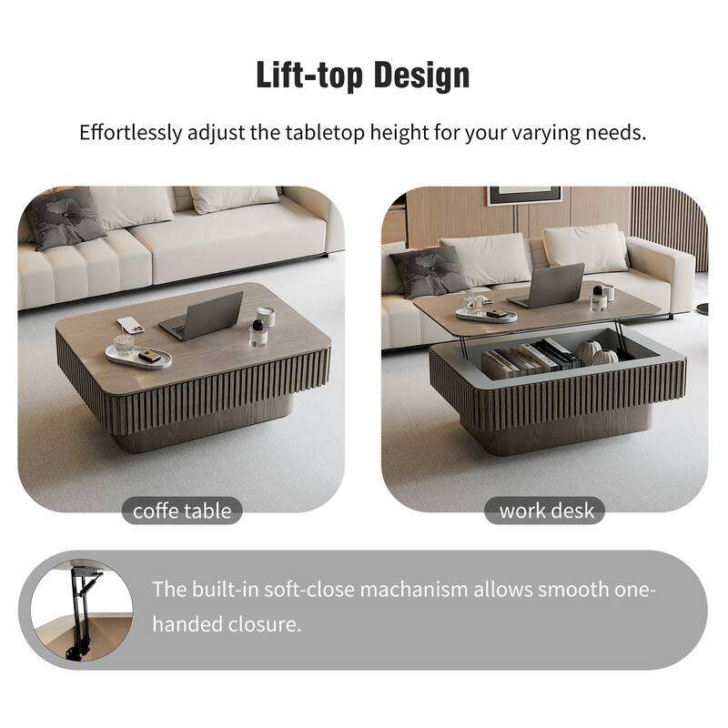 38.6" Fluted Lift-top Coffee Table, Coffee Table Accent Tea Table with Storage and Adjustable Height for Living Room