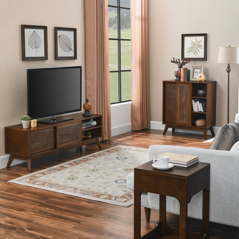 Rustic Rattan Sideboard Buffet Storage Cabinet Walnut Entry Side Cabinet