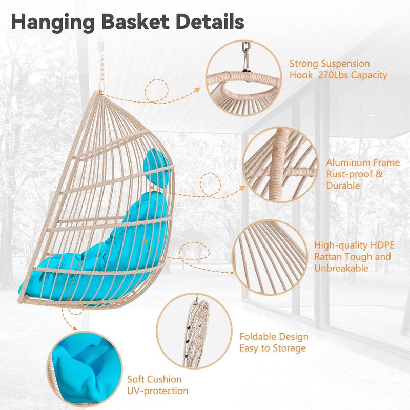 Hanging Chair PE Hanging Chair with Stainless Steel Suspension kit, Outdoor Garden Rattan Egg Swing Chair with Cushion