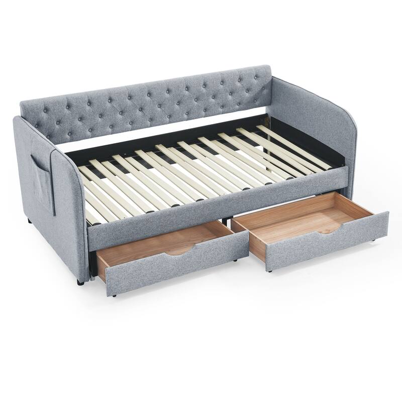 Roomfitters Twin Upholstered Daybed with Trundle, Underbed Storage and Flat Arms with Side Pocket, Extendable Design