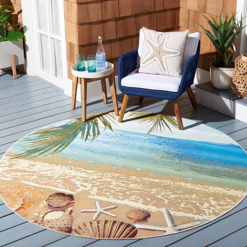 SAFAVIEH Barbados Liset Tropical Indoor/ Outdoor Waterproof Patio Backyard Rug - 5'3" Round - Gold/Blue