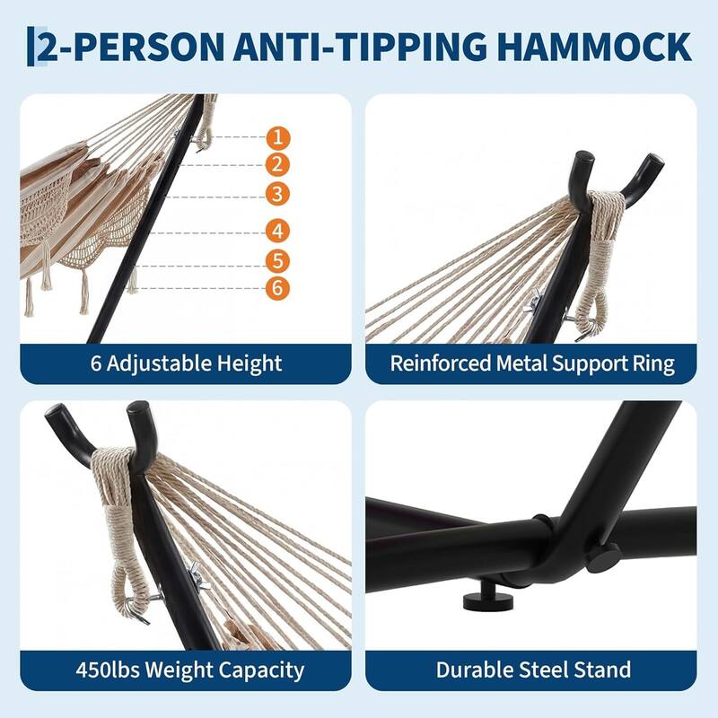 450 LBS Capacity Portable Double Hammock with Stand for Outdoor Patio Backyard Poolside, Tan Stripes - Tan Stripes