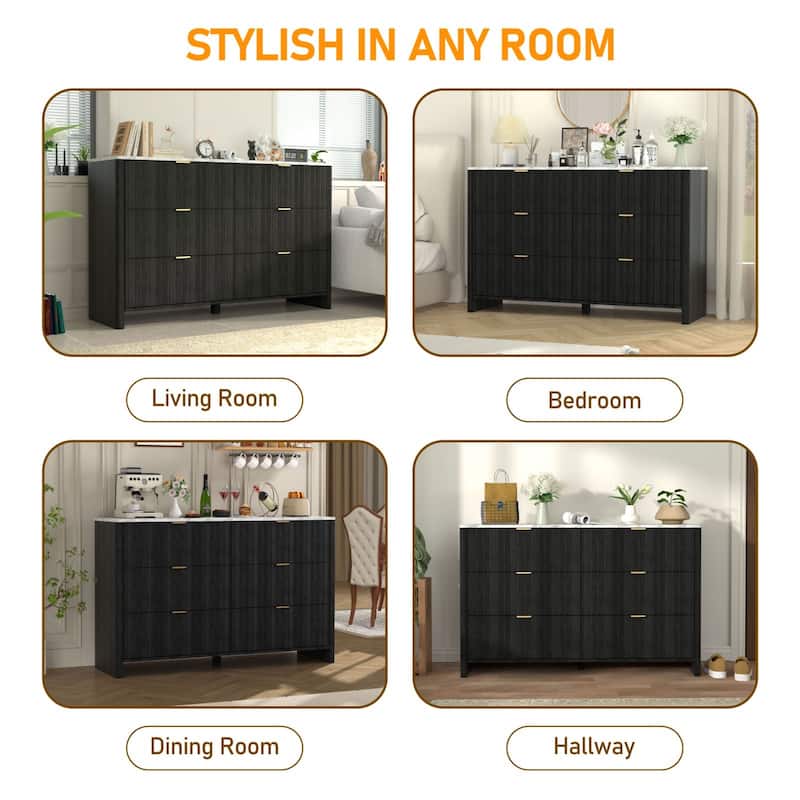 VEIKOUS 6-Drawer Dresser for Bedroom, Wooden Chest of Drawers with White Faux Marble Top
