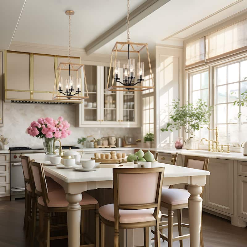 Modern 4-Light Gold Glass Chandelier Lantern Pendant Light for Dining Room - 14" L x 14" W x 19" H