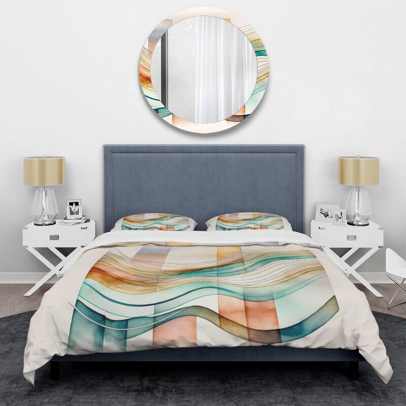Designart "Multi-Color Abstract Waves I" Green Modern - Bed Cover Set With Shams
