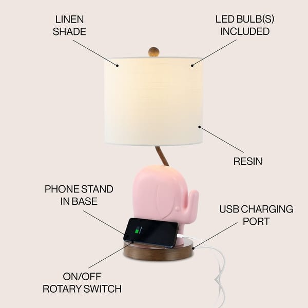 dimension image slide 3 of 6, Campana 20.25" Bohemian Designer Iron/Resin Elephant LED Kids Table Lamp with Phone Stand and USB Charging Port, by JONATHAN Y