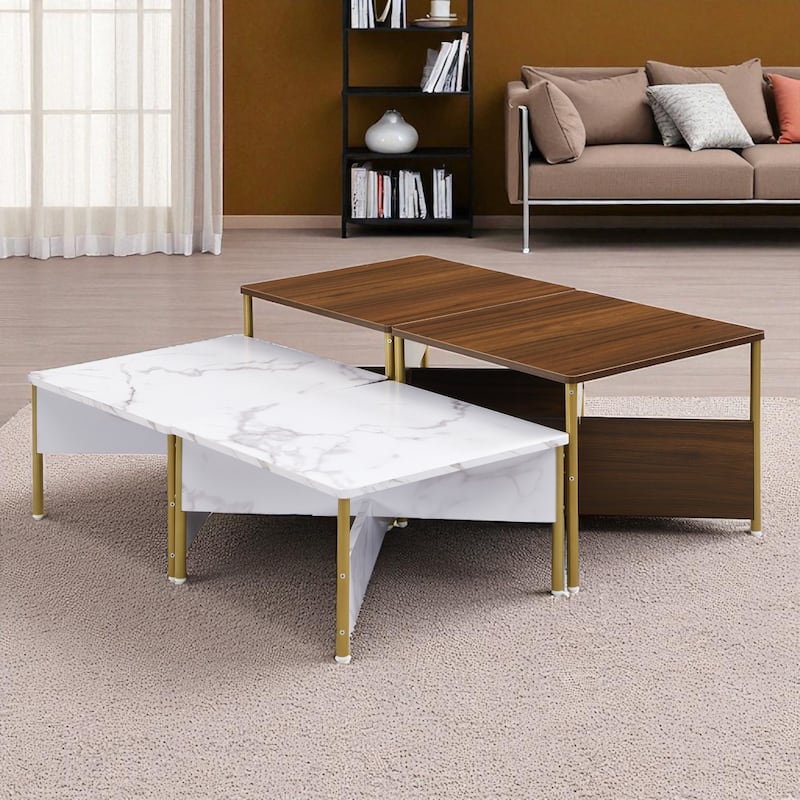 Modern Nesting Coffee Table Set of 4, Square Accent Tables with Adjustable Shape, Marble Finish & Metal Legs
