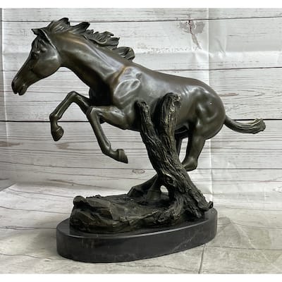 Running Galloping Wild Imitative Horse Mustang Bronze Sculpture Statue Figure Decor On Marble Base