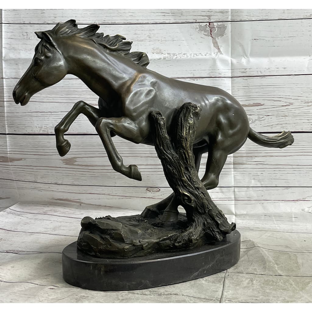 Running Galloping Wild Imitative Horse Mustang Bronze Sculpture Statue Figure Decor On Marble Base