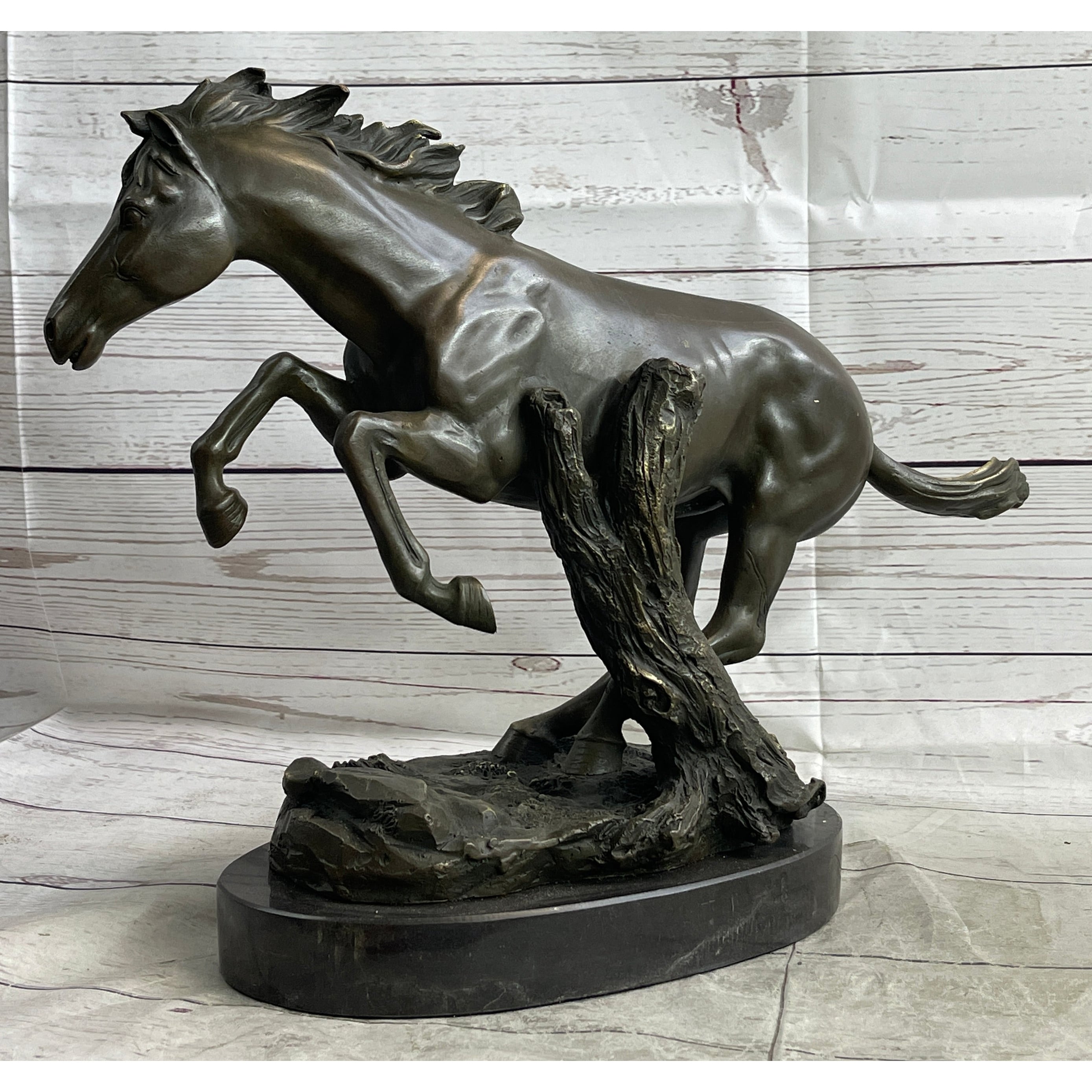 Running Galloping Wild Horse Mustang Bronze Sculpture Statue Figure Decor On Marble Base
