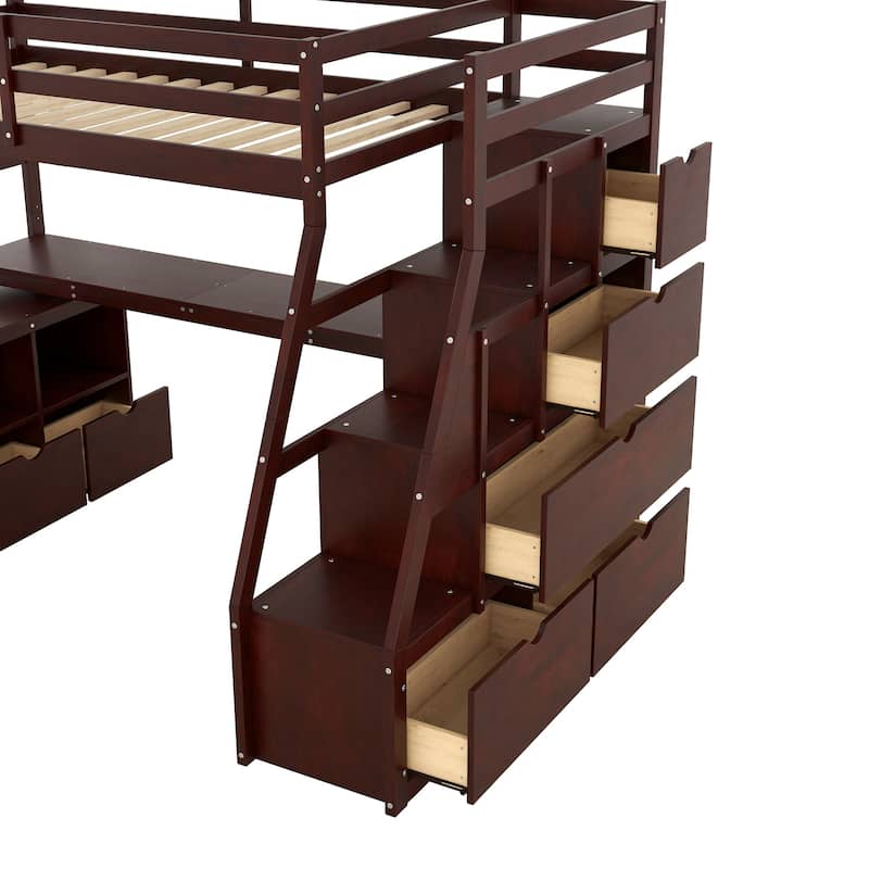 Espresso Twin Size Wood Loft Bed with Drawers, Shelves, Ladder, and Desk