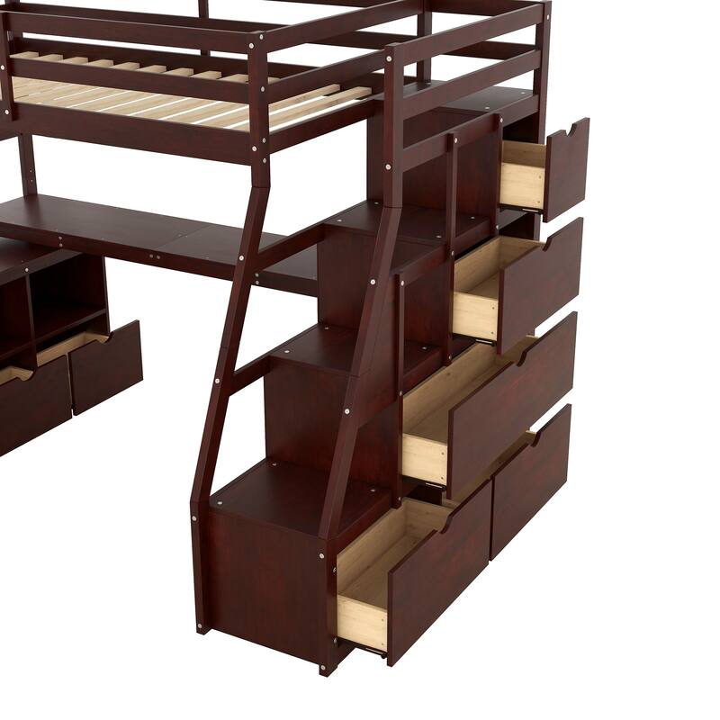 Roomfitters Twin Size Loft Bed with 7 Drawers, 2 Shelves and Desk, Espresso