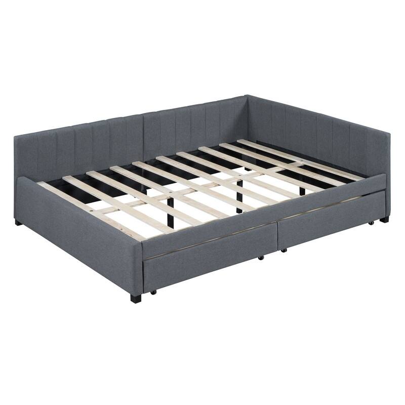Full Size Upholstered Daybed with 2 Storage Drawers Sofa Bed Frame No Box Spring Needed, Linen Fabric