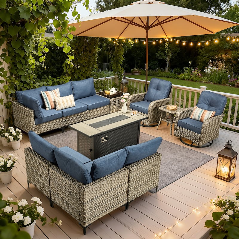 HOOOWOOO 11-piece Outdoor Patio Sofa Wicker Furniture Swivel Chair Set with 54" Fire Pit Table - DenimBlue