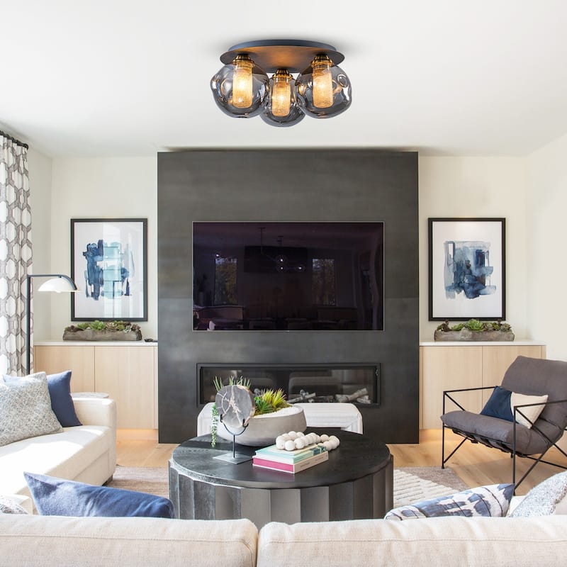 3 Lights Black Flush Mount Ceiling Light with Smoked Glass Shades - Dia.15.74-in