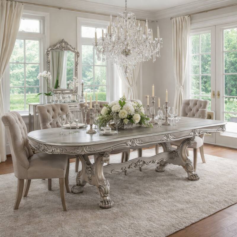 Dining Table with Scrolled Motifs and Claw Feet, Silver
