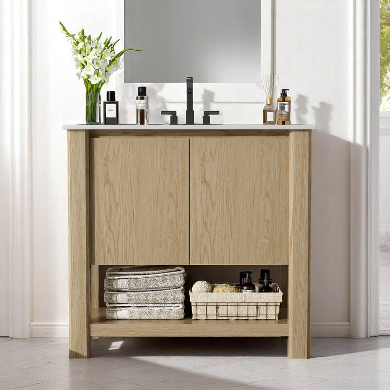 36" Bathroom Vanity with Large Cabinet, Soft-Close Doors, 45-Degree Free Handle Design & Open Bottom Shelf - Natural