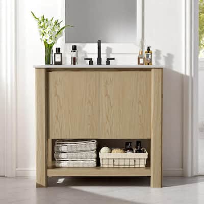 36" Bathroom Vanity with Large Cabinet, Soft-Close Doors, 45-Degree Free Handle Design & Open Bottom Shelf